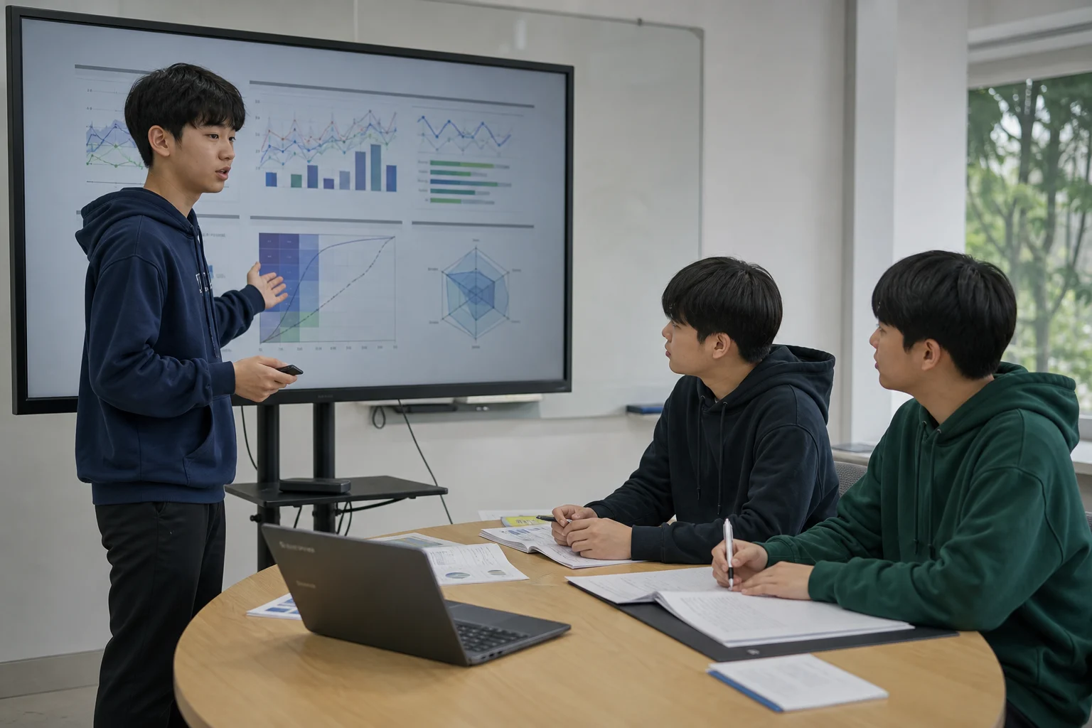 Students reviewing code, charts, and a research poster for an AI finance capstone