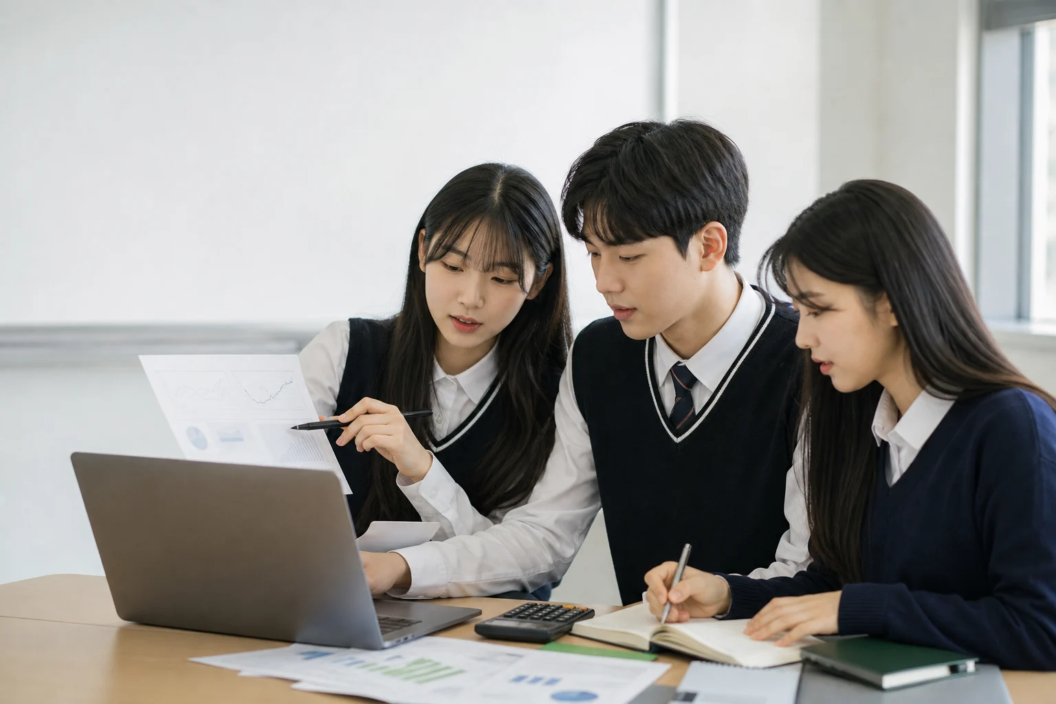 Students reviewing market charts and an AI finance research notebook