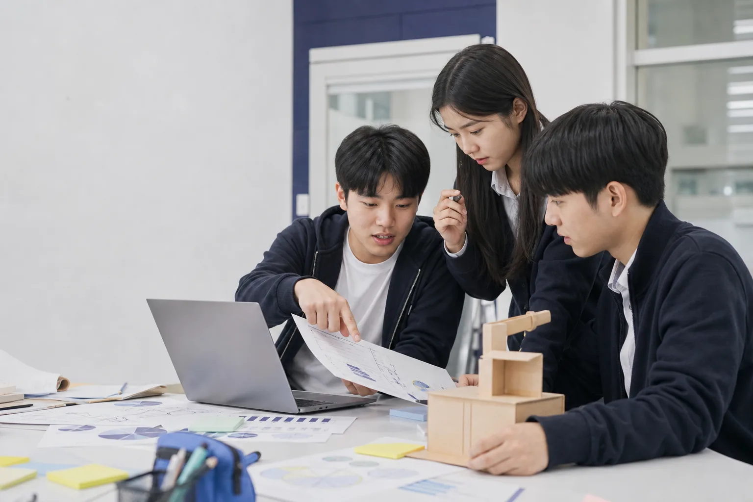 노트북과 종이 프로토타입을 놓고 AI 제품 결정을 토론하는 고등학생 팀