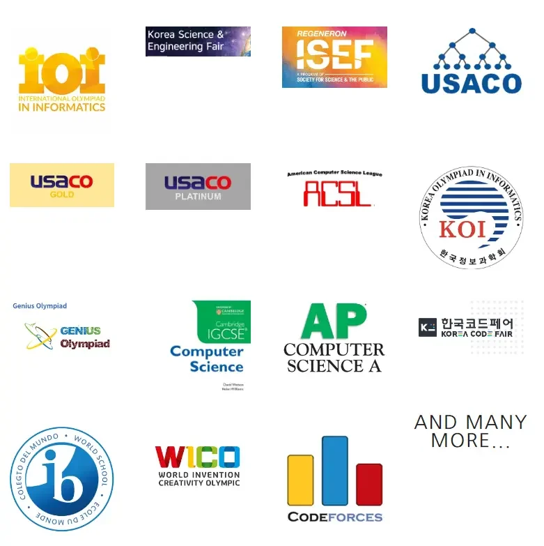 Logos of the AI and informatics olympiads and competitions CIT prepares for: IOI (International Olympiad in Informatics), USACO, KOI (Korea Olympiad in Informatics), ISEF, ACSL, AP Computer Science A, Cambridge IGCSE Computer Science, and more. KOAI is the gateway to IOAI national team selection (AI and informatics competitions in the KOAI to IOAI pathway)