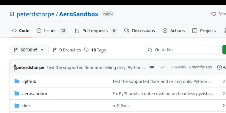 The peterdsharpe/AeroSandbox repository on GitHub at pinned version 60998b5c3935