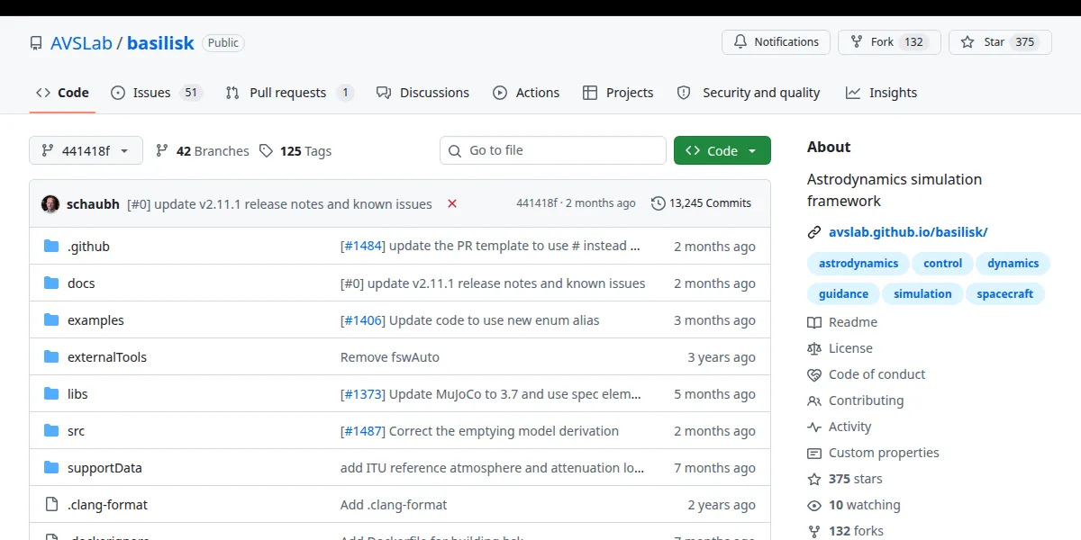 고정 버전 441418f2f4e1의 AVSLab/basilisk 저장소 GitHub 화면