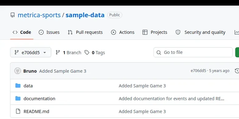 The metrica-sports/sample-data repository on GitHub at pinned version e706dd506b36