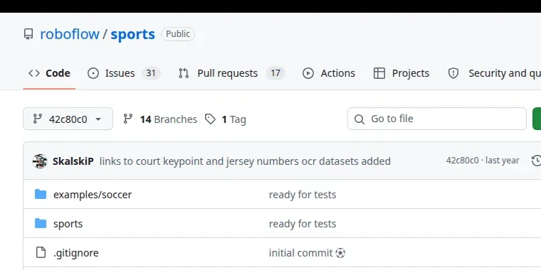 The roboflow/sports repository on GitHub at pinned version 42c80c06b6b6