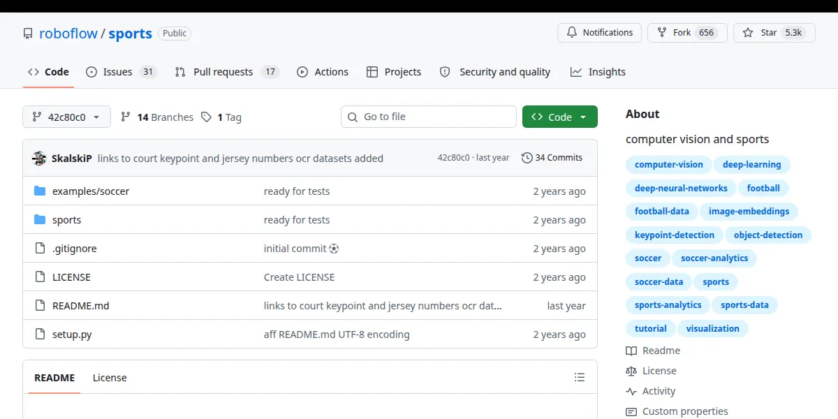 고정 버전 42c80c06b6b6의 roboflow/sports 저장소 GitHub 화면