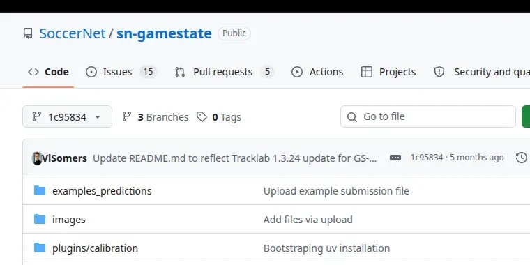 The SoccerNet/sn-gamestate repository on GitHub at pinned version 1c9583450672