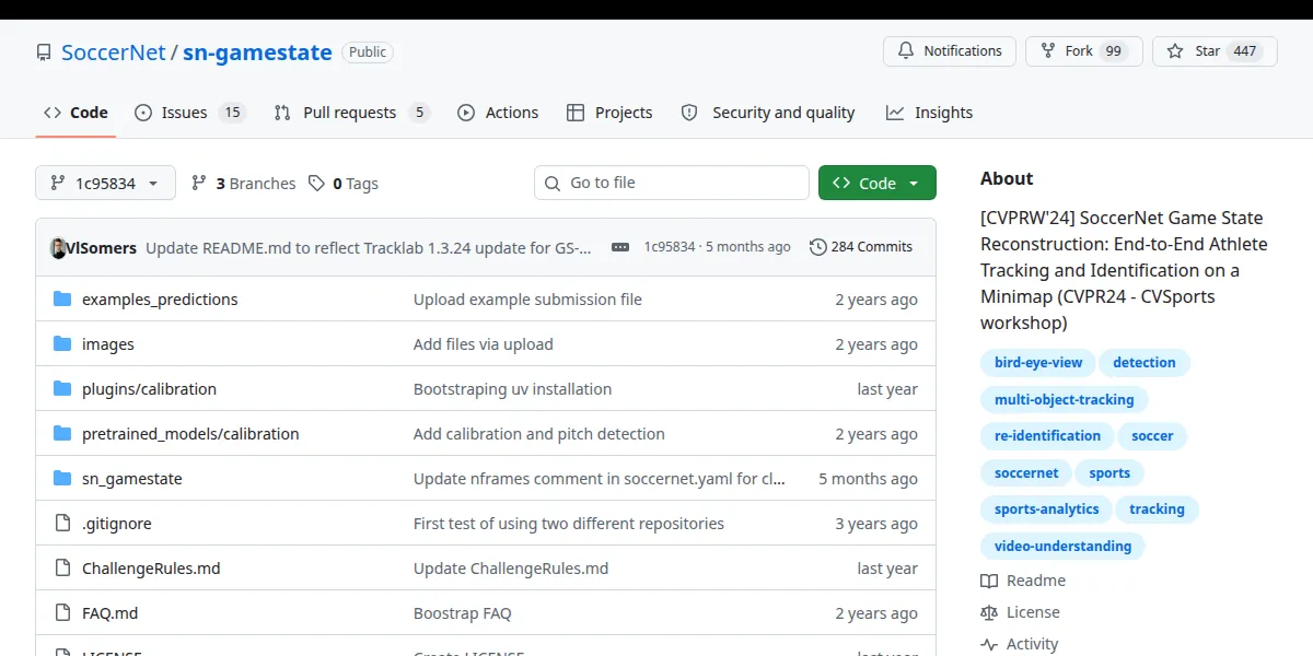 The SoccerNet/sn-gamestate repository on GitHub at pinned version 1c9583450672