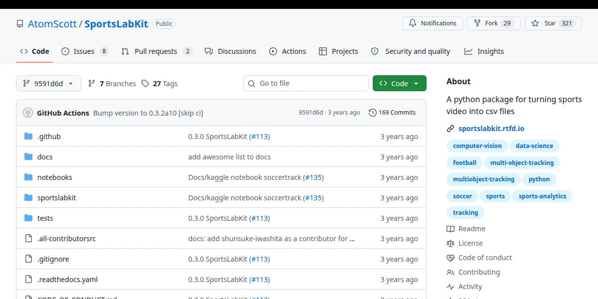 The AtomScott/SportsLabKit repository on GitHub at pinned version 9591d6db9e8d