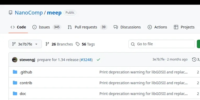 The NanoComp/meep repository on GitHub at pinned version 3e7b7fee0da4