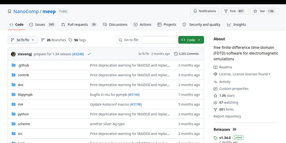 고정 버전 3e7b7fee0da4의 NanoComp/meep 저장소 GitHub 화면