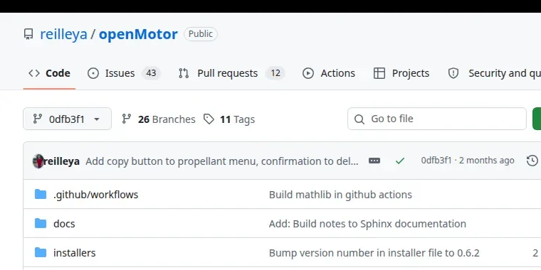 The reilleya/openMotor repository on GitHub at pinned version 0dfb3f1dd4f8