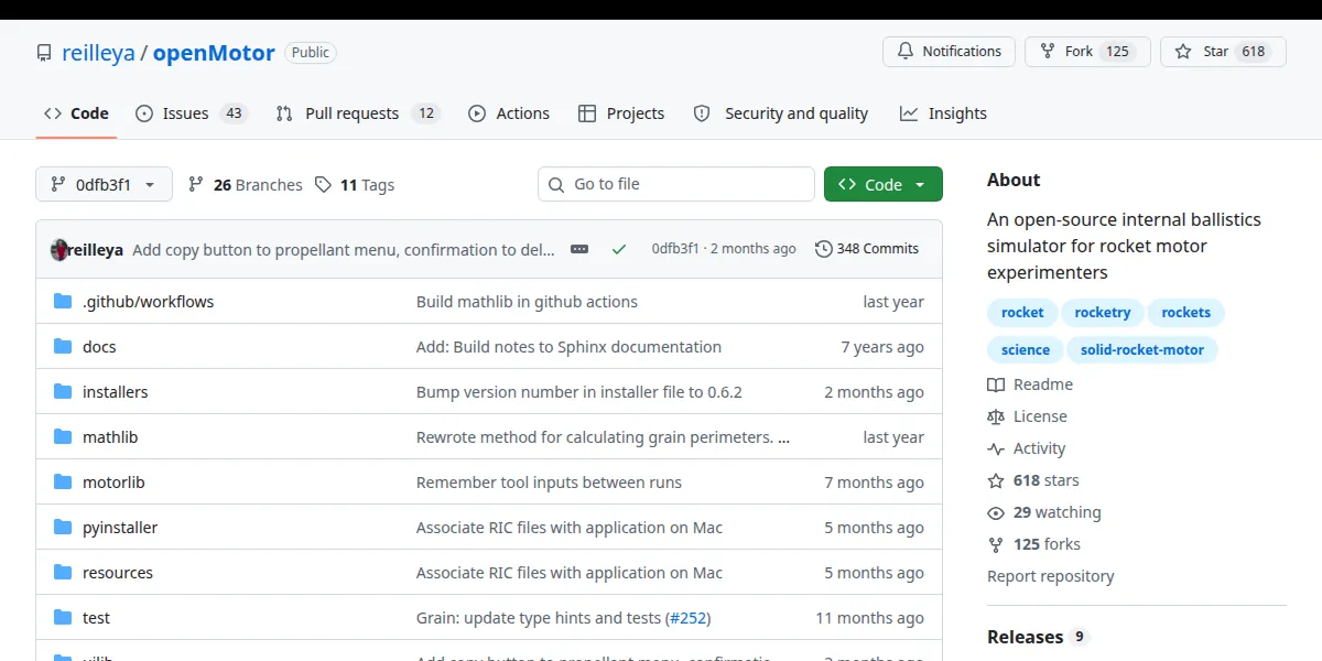 고정 버전 0dfb3f1dd4f8의 reilleya/openMotor 저장소 GitHub 화면