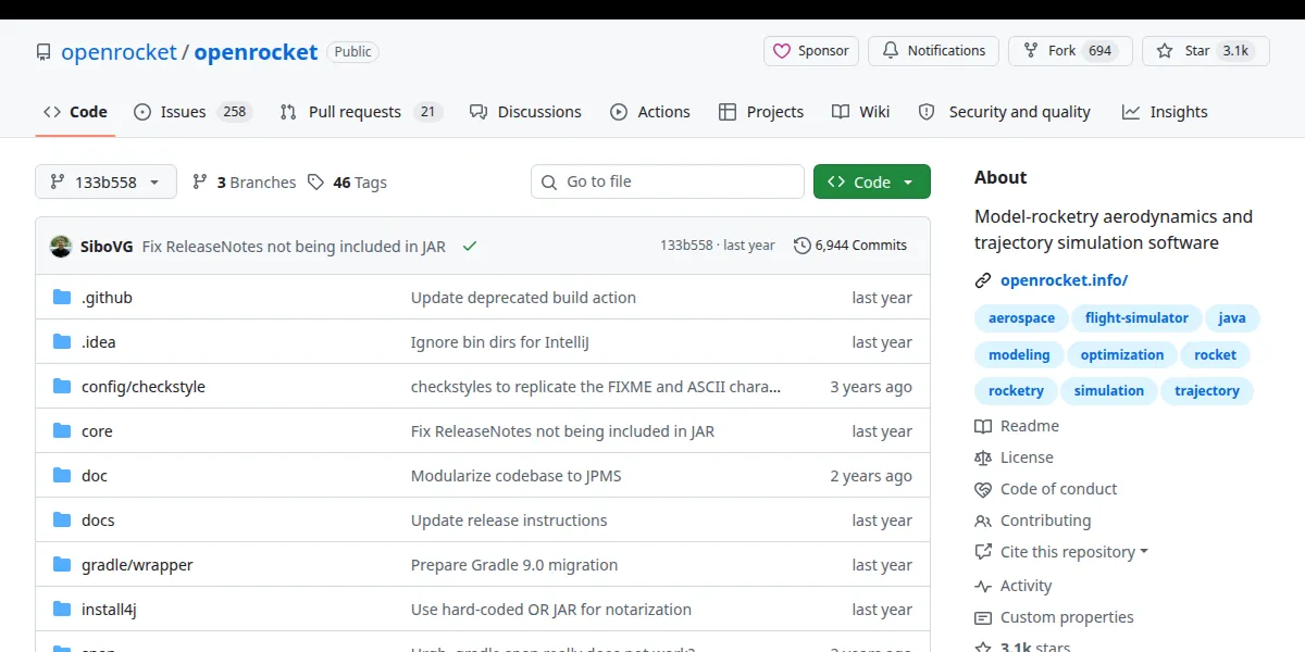 고정 버전 133b558de556의 openrocket/openrocket 저장소 GitHub 화면