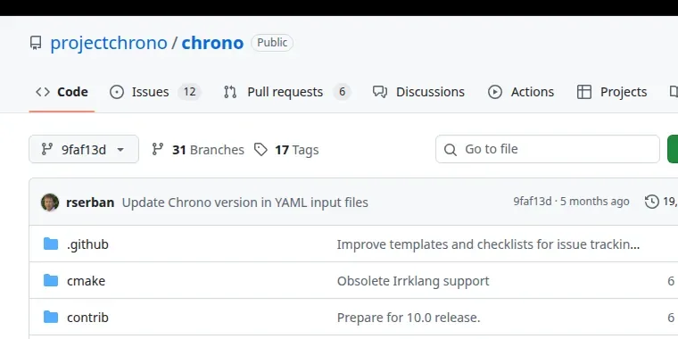 The projectchrono/chrono repository on GitHub at pinned version 9faf13dd8f11