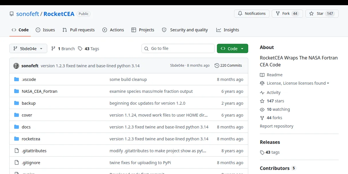 고정 버전 5bde04e274d5의 sonofeft/RocketCEA 저장소 GitHub 화면
