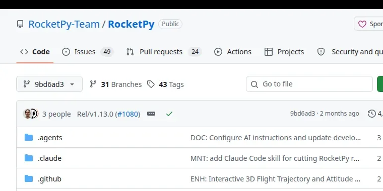 The RocketPy-Team/RocketPy repository on GitHub at pinned version 9bd6ad3af8f9