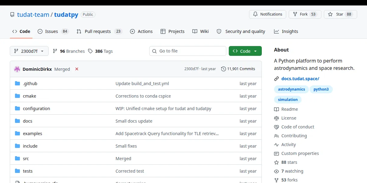 고정 버전 2300d7fe3d7d의 tudat-team/tudatpy 저장소 GitHub 화면