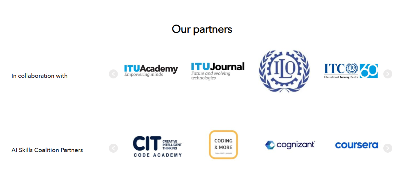 ITU AI for Good 공식 사이트의 'Our partners' 섹션. 협력 기관(In collaboration with): ITU Academy, ITU Journal, ILO, ITC-ILO. AI Skills Coalition Partners: CIT Code Academy, Coding & More, Cognizant, Coursera.