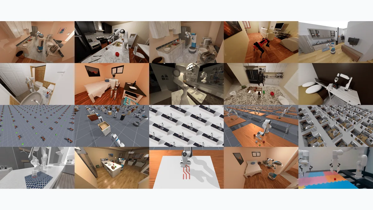 A gallery of ManiSkill manipulation, locomotion, and drawing simulation tasks.
