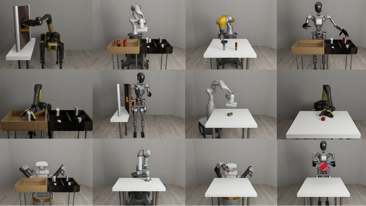 A gallery of robosuite MuJoCo manipulation environments and tasks.