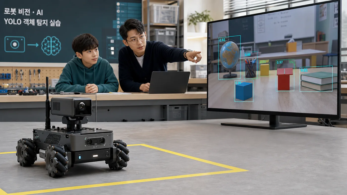 A classroom scene: an educational robot inside a safety boundary, checked alongside object detection results on a laptop screen
