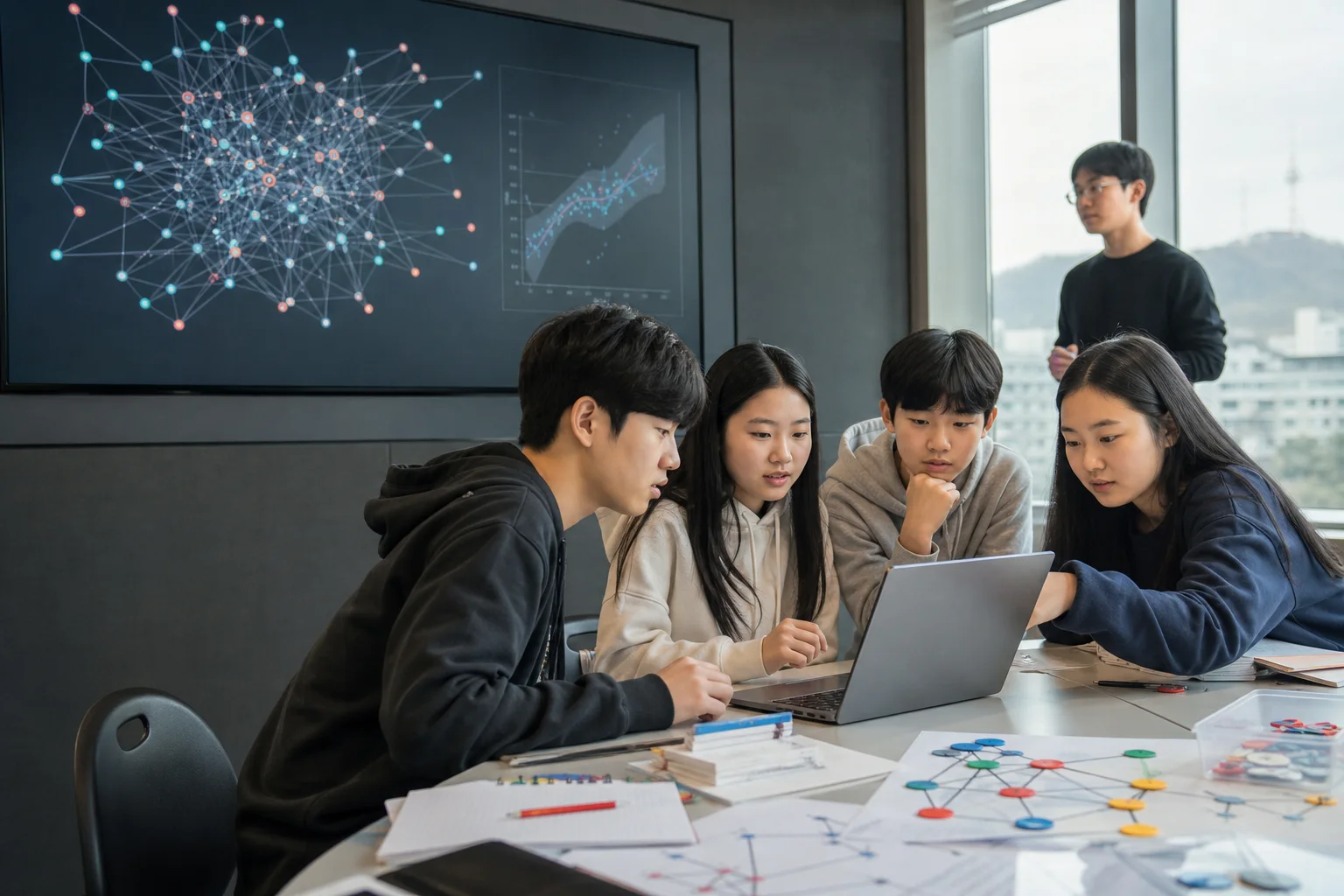 친구 연결 그림과 불확실성 그래프를 함께 살펴보는 Social Brain Lab 개념 장면