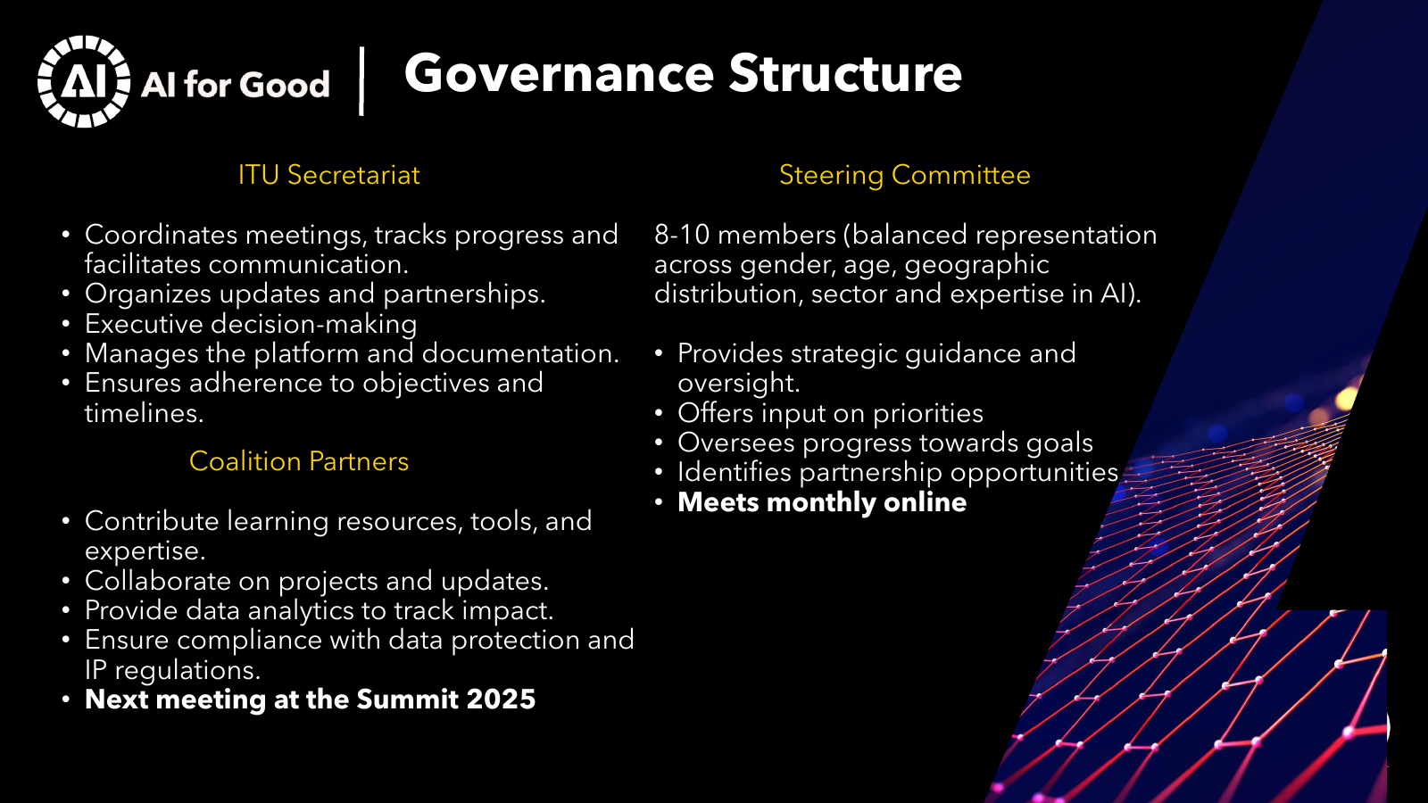 AI Skills Coalition onboarding slide titled Governance Structure, listing ITU Secretariat, Steering Committee, and Coalition Partners responsibilities.