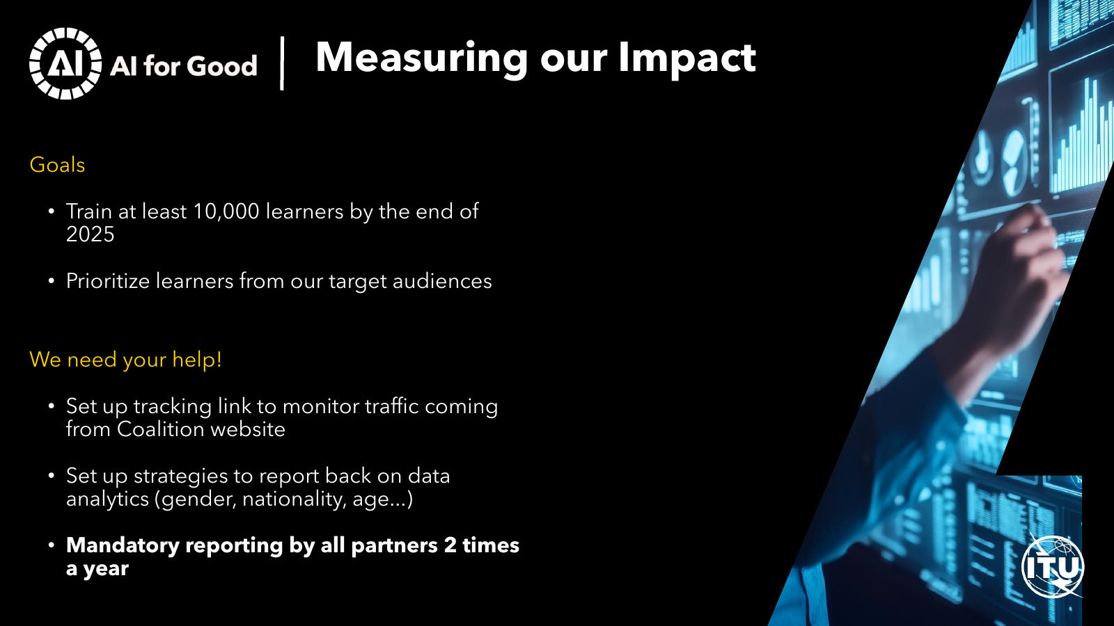 AI Skills Coalition onboarding slide titled Measuring our Impact, describing goals to train at least 10000 learners by the end of 2025 and partner reporting twice a year.