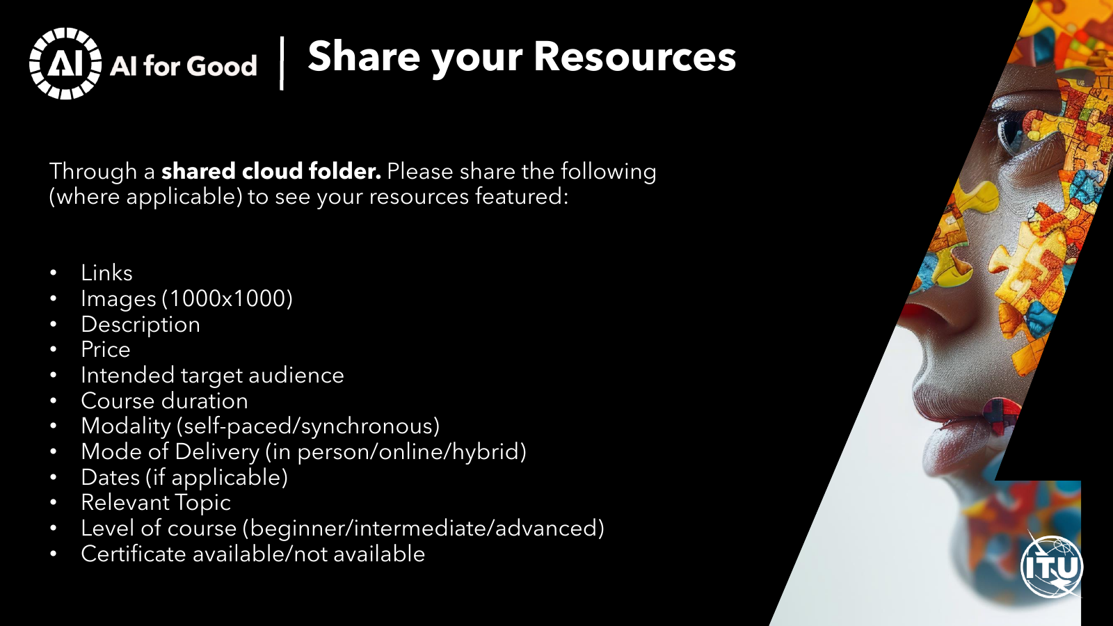 AI Skills Coalition onboarding slide titled Share your Resources, listing required resource metadata such as links, images, description, audience, duration, modality, delivery mode, topic, level, and certificate availability.