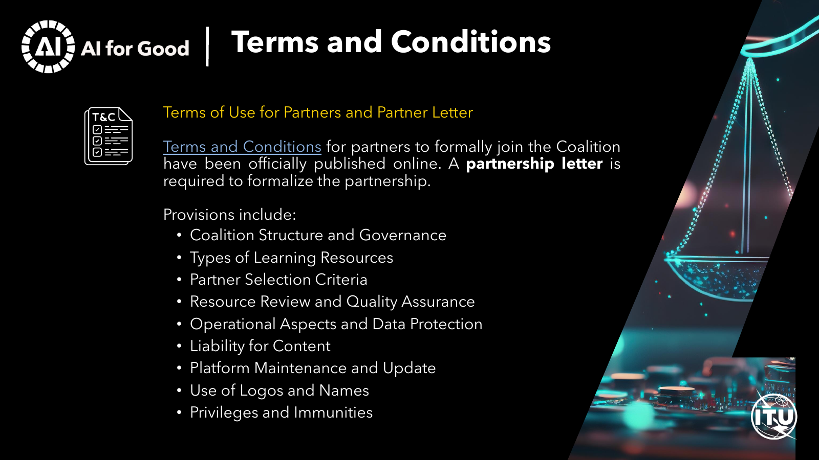 AI Skills Coalition onboarding slide titled Terms and Conditions, explaining that a partnership letter is required to formalize the partnership.
