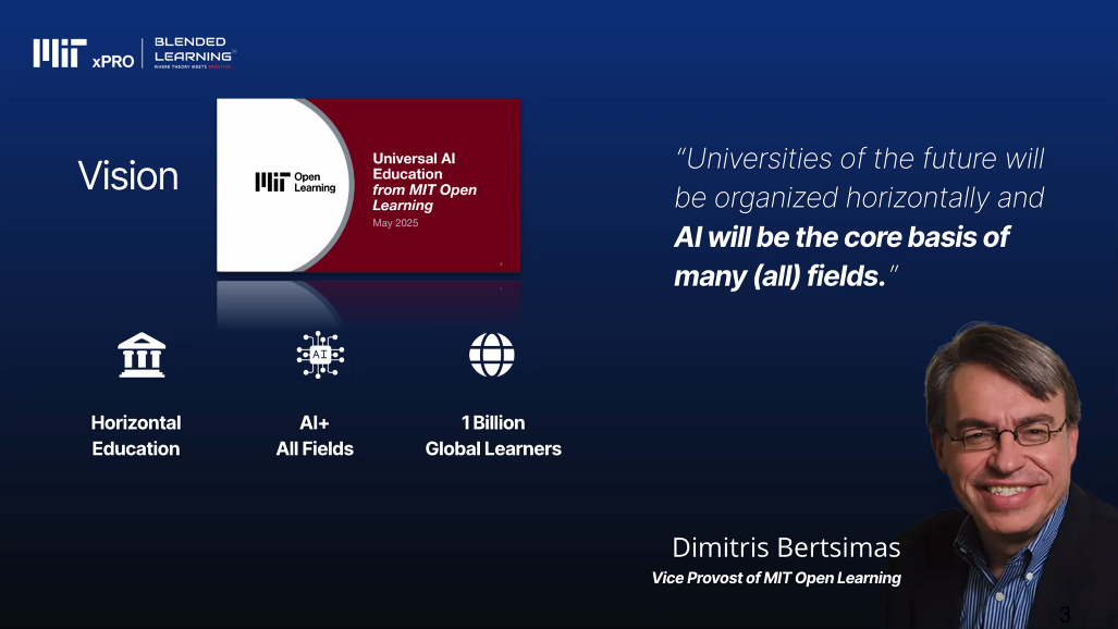 MIT Open Learning AI education vision slide referencing horizontal education, AI plus all fields, and one billion global learners.