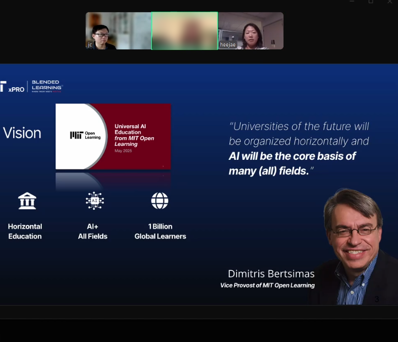 Video meeting screenshot discussing MIT Open Learning's AI education vision, with one participant blurred for privacy.